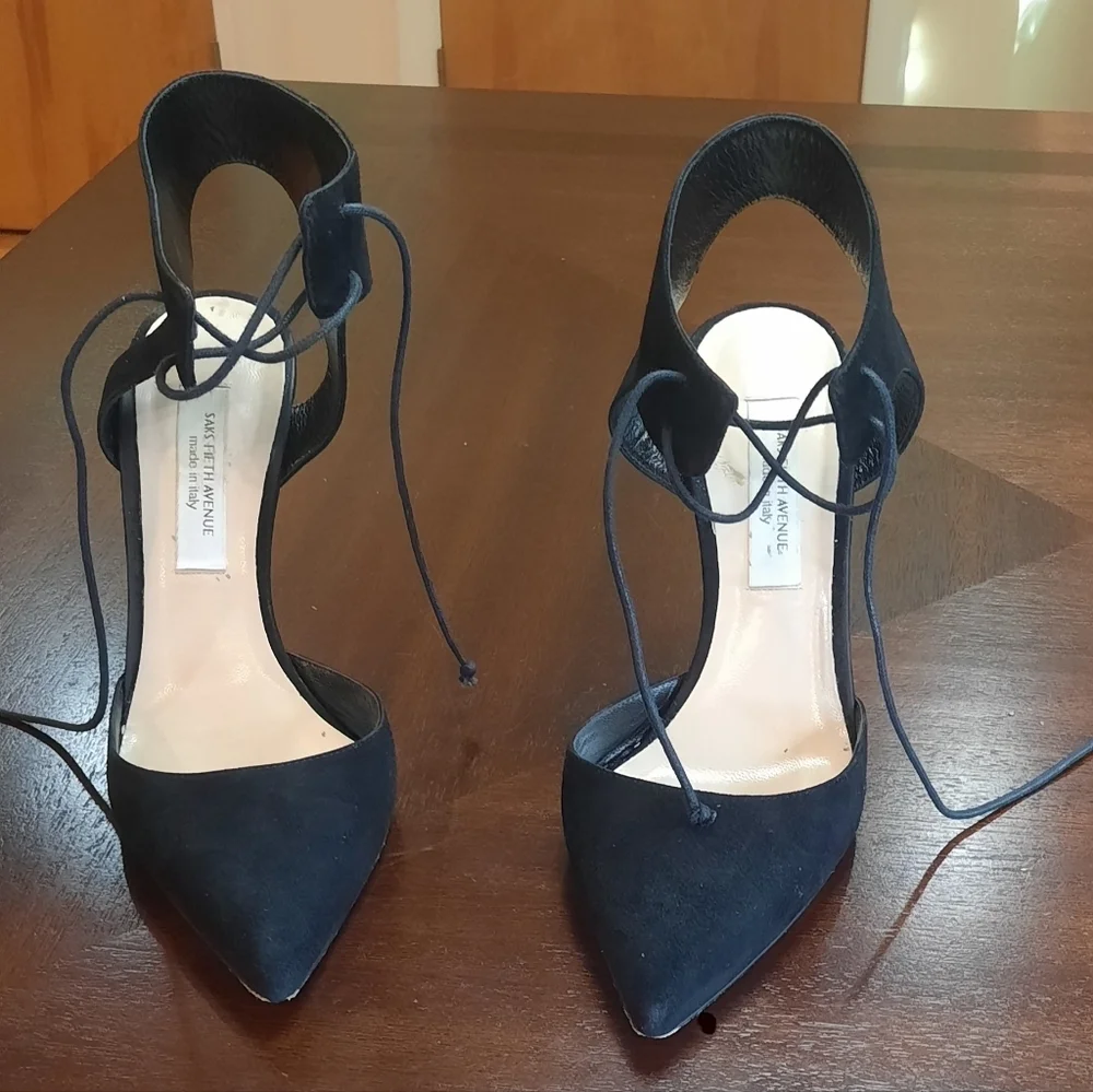 Saks Fifth Ave Black Suede Pointed Toe Stiletto with Corset Ankle Strap
